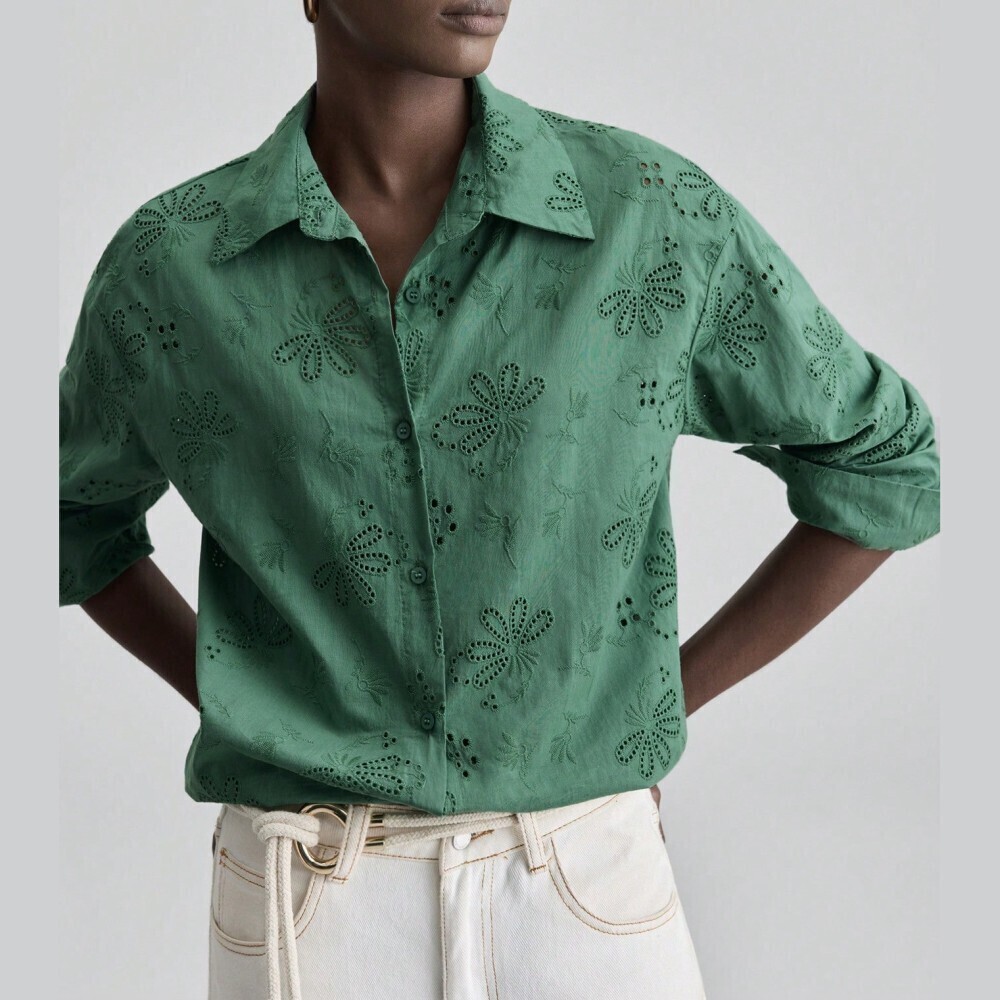 Sage Green Eyelet Embroidered Cotton Button Front Oversized Shirt